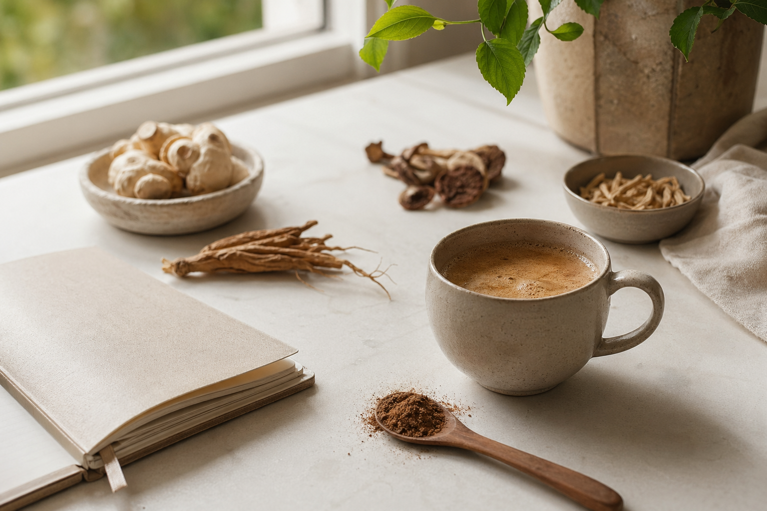 Routine matinale avec boisson chaude type café adaptogène